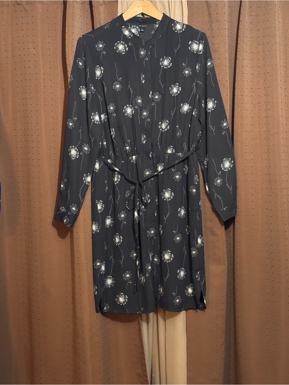 Ann Taylor Women's Black Floral Print Shirt Dress with Tie Waist